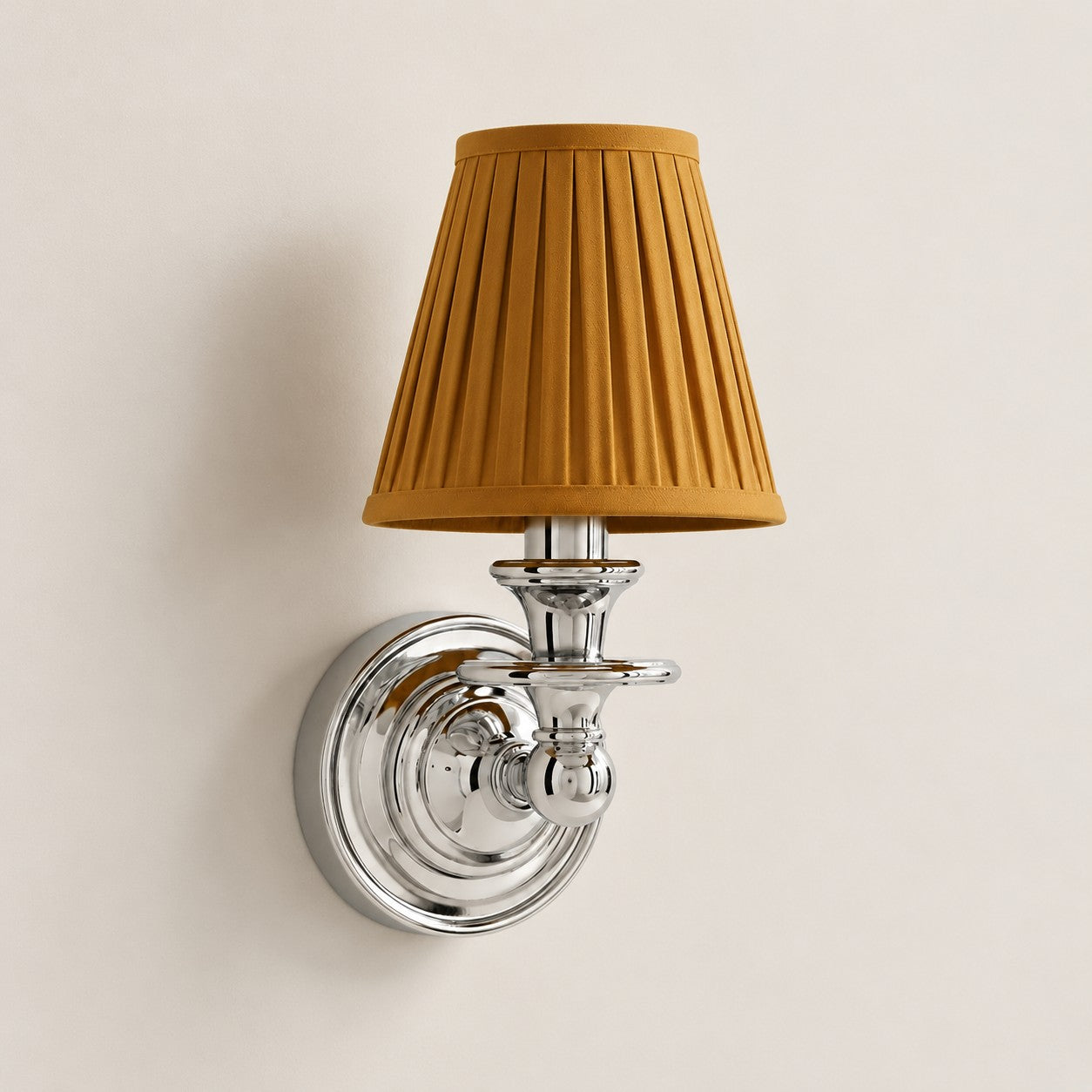 Mustard Yellow Pleated Kalvora fabric shade wall sconce in Chrome