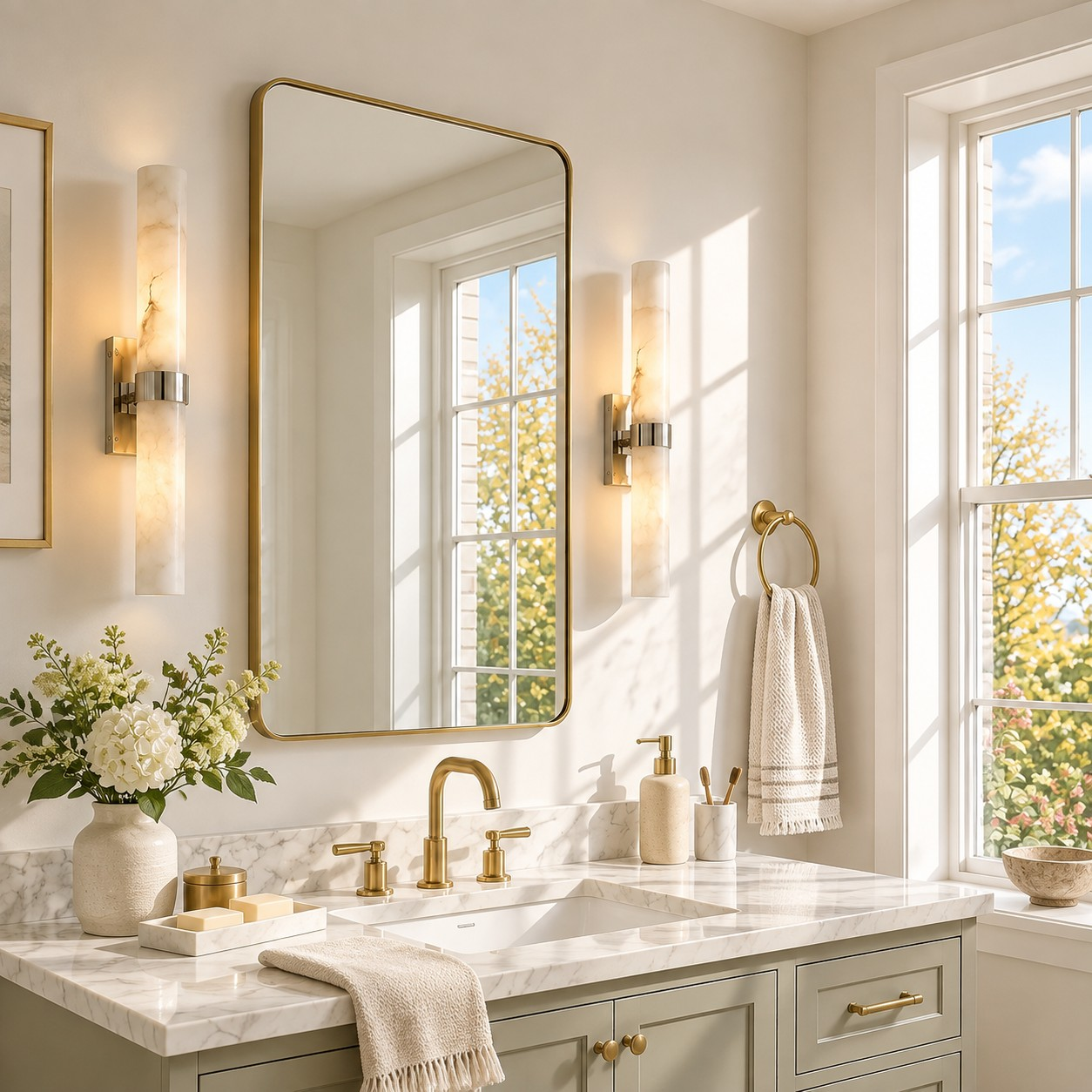 Dani alabaster sconces flanking a bathroom mirror
