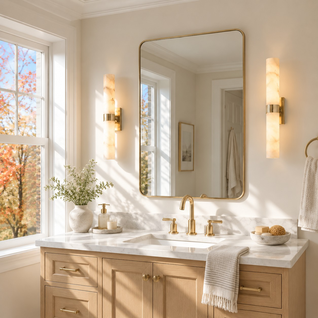 Tumbled brass alabaster sconces flanking a bathroom mirror