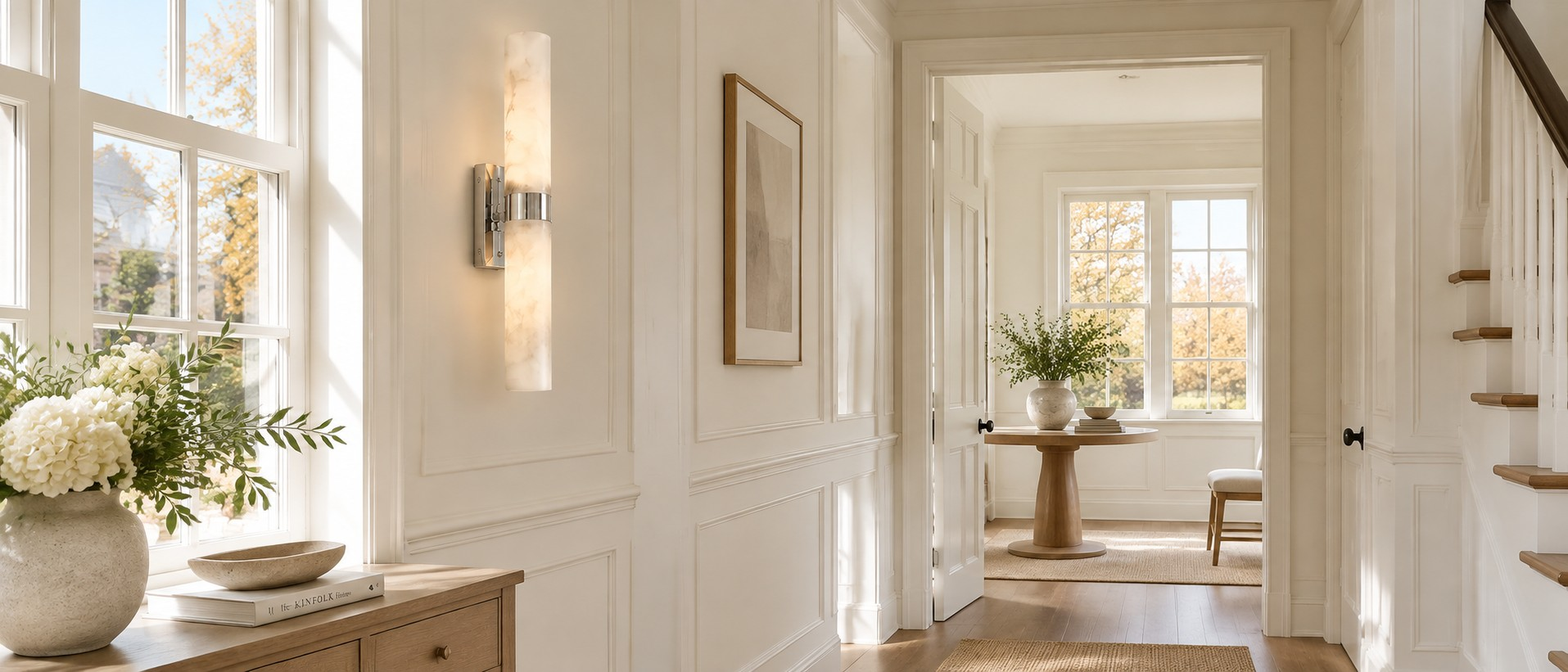 Dani double-tube wall sconce in a paneled hallway
