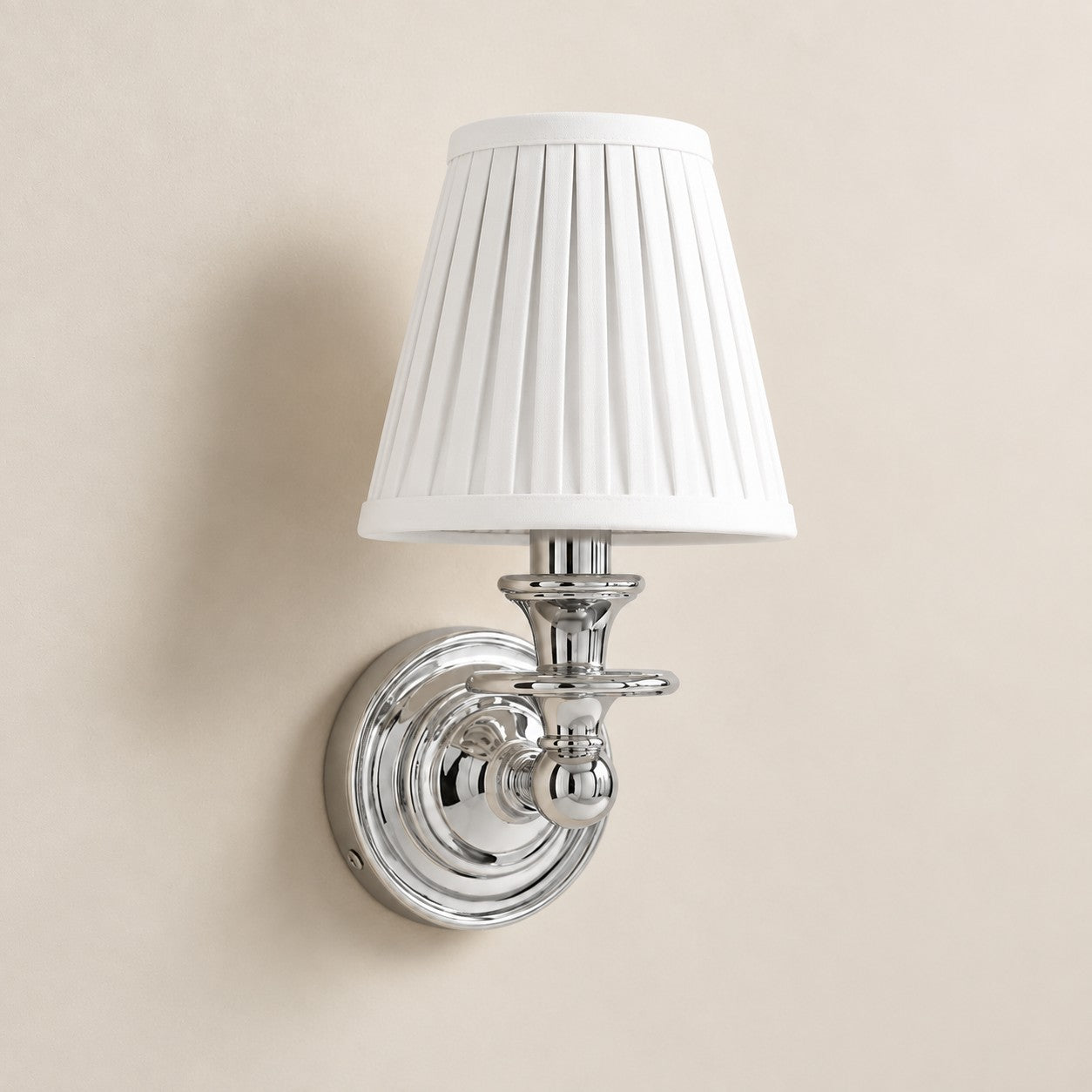 White Pleated Kalvora fabric shade wall sconce in Chrome