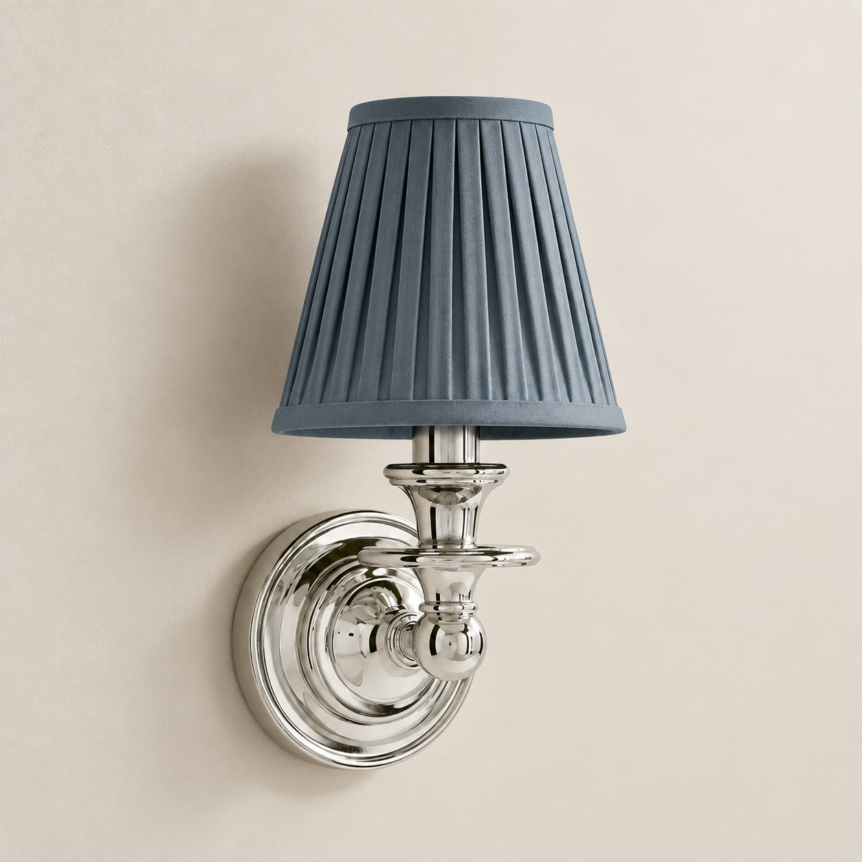 Dusty Blue Pleated Kalvora fabric shade wall sconce in Chrome