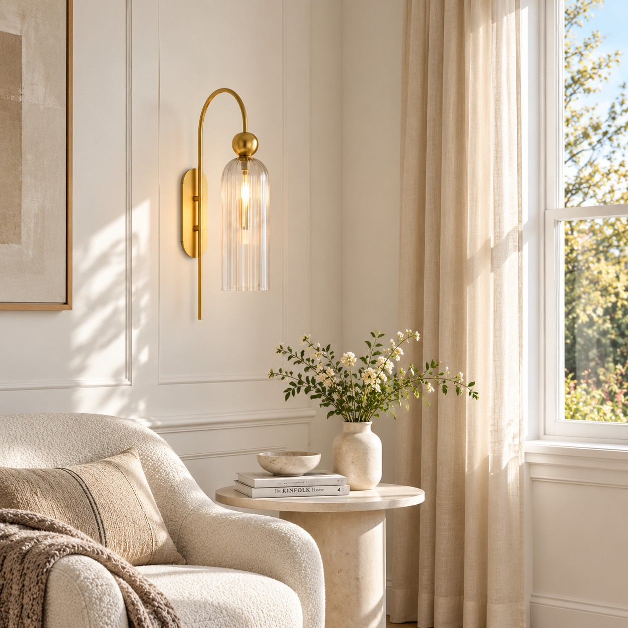 Clear ribbed glass sconce in a living room corner