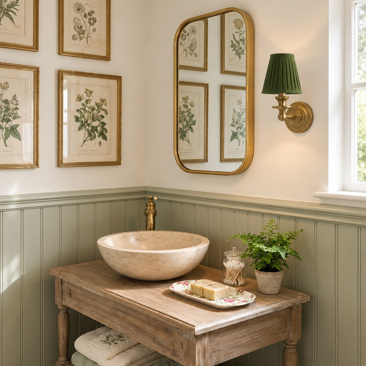 Green pleated Kalvora wall sconce in a paneled bathroom