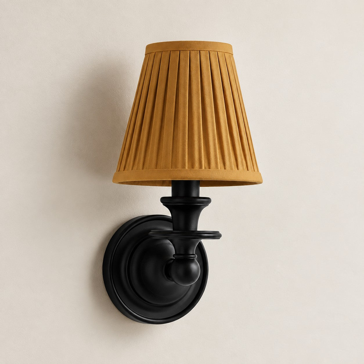 Mustard Yellow Pleated Kalvora fabric shade wall sconce in Black
