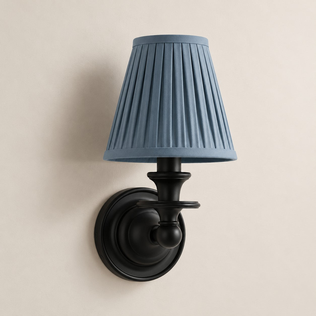 Dusty Blue Pleated Kalvora fabric shade wall sconce in Black