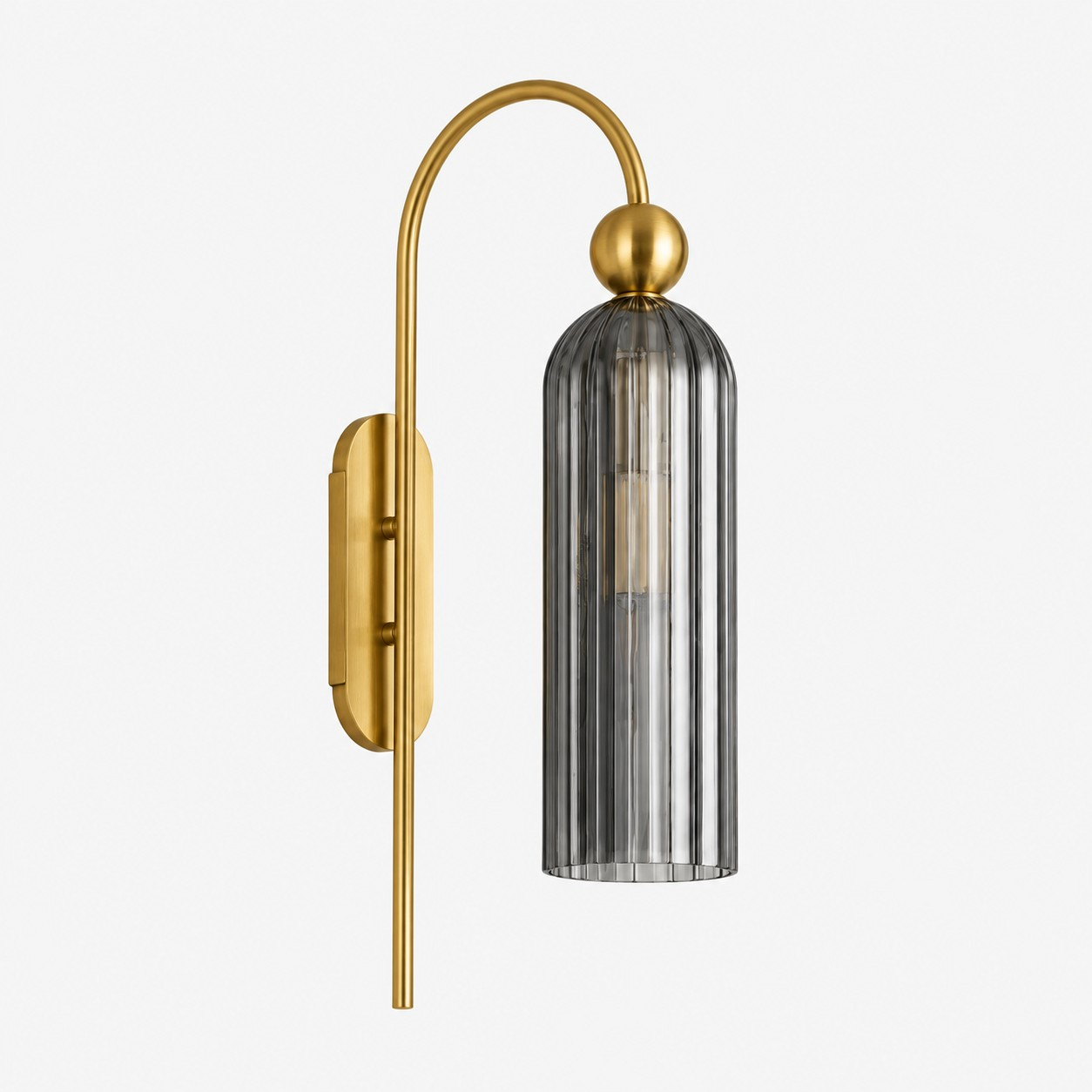 Gold arched cylinder wall sconce with gray ribbed glass