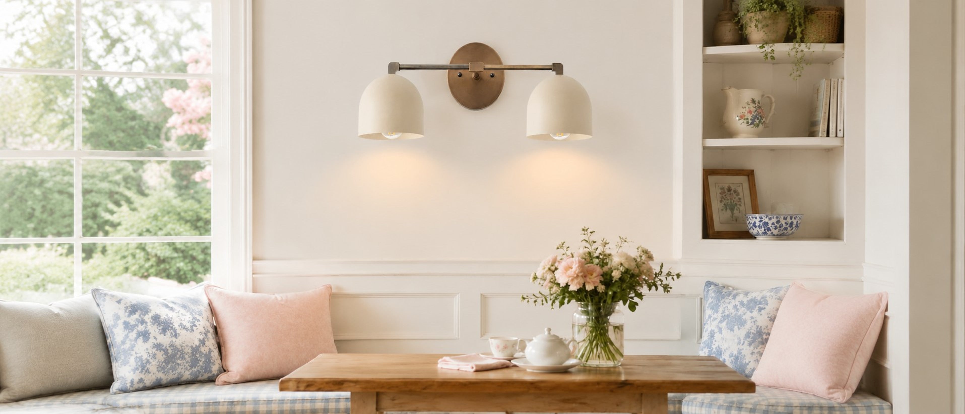 White 2-lights Metio wall lamp over a breakfast nook