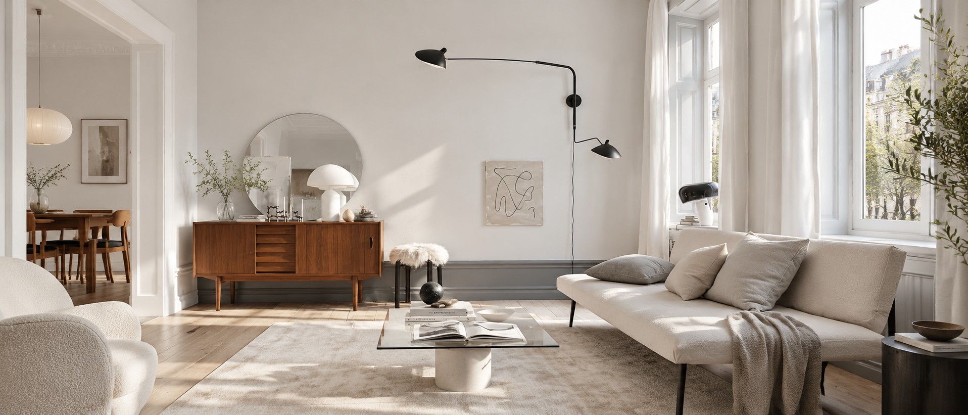 Black two-light Duckbill wall sconce in a bright living room