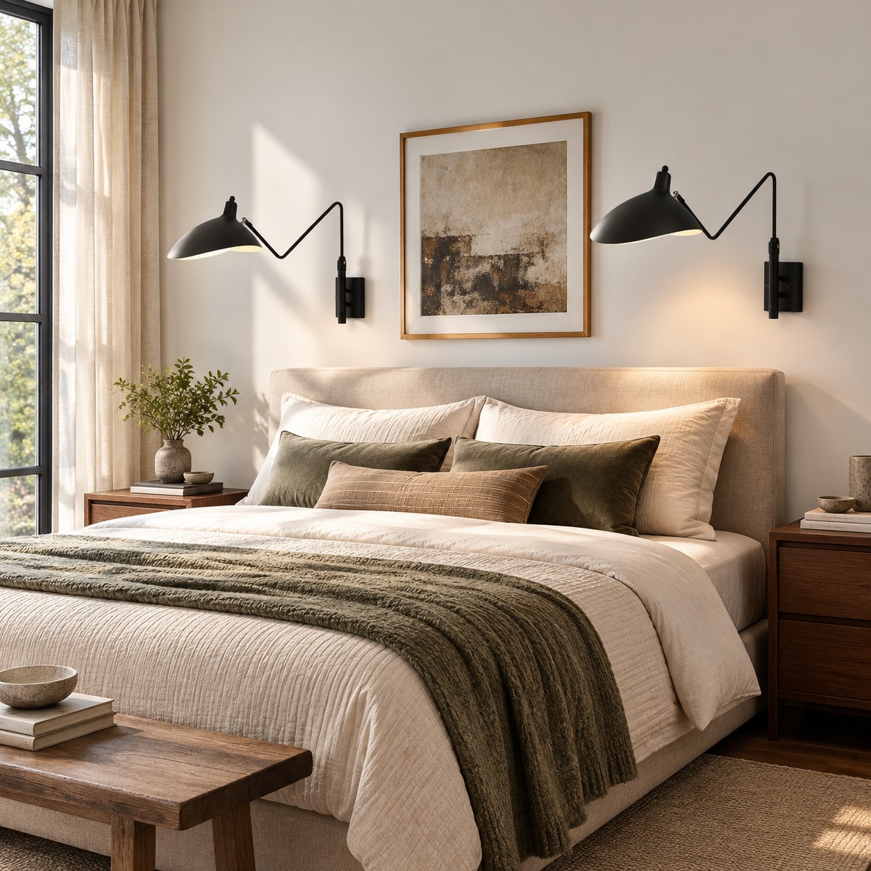 Pair of black Duckbill wall sconces beside a bed