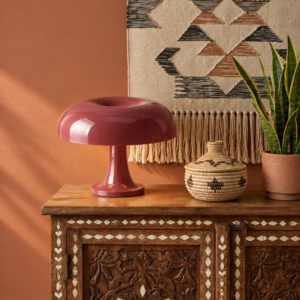Burgundy Nessino table lamp on a carved wood cabinet