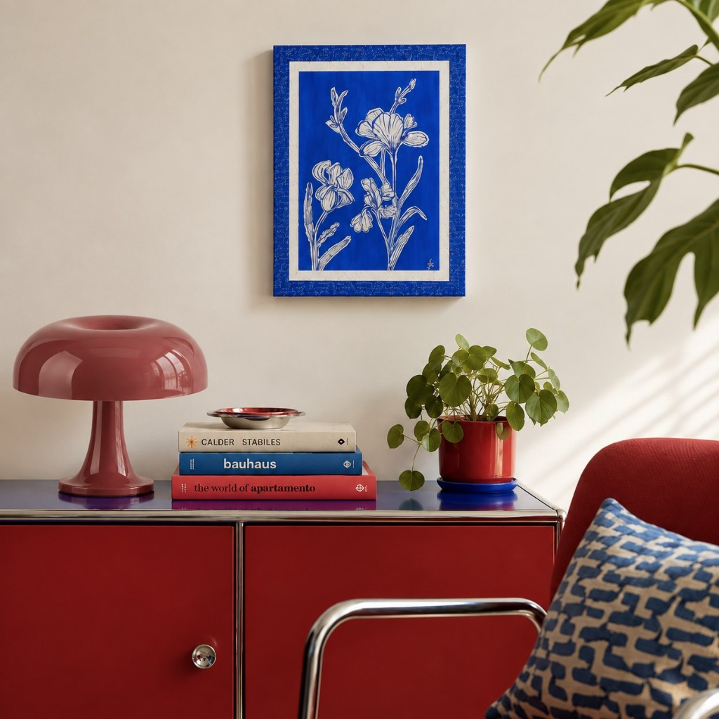 Burgundy Nessino table lamp on a red cabinet below blue floral art