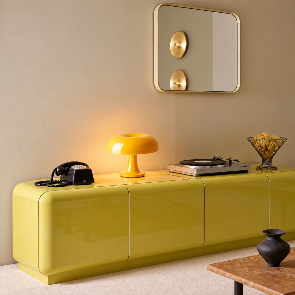 Yellow Nessino table lamp on a lime credenza with a turntable