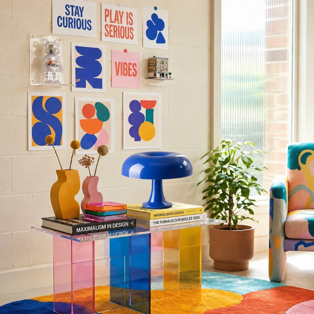 Dark blue Nessino table lamp on a rainbow acrylic table