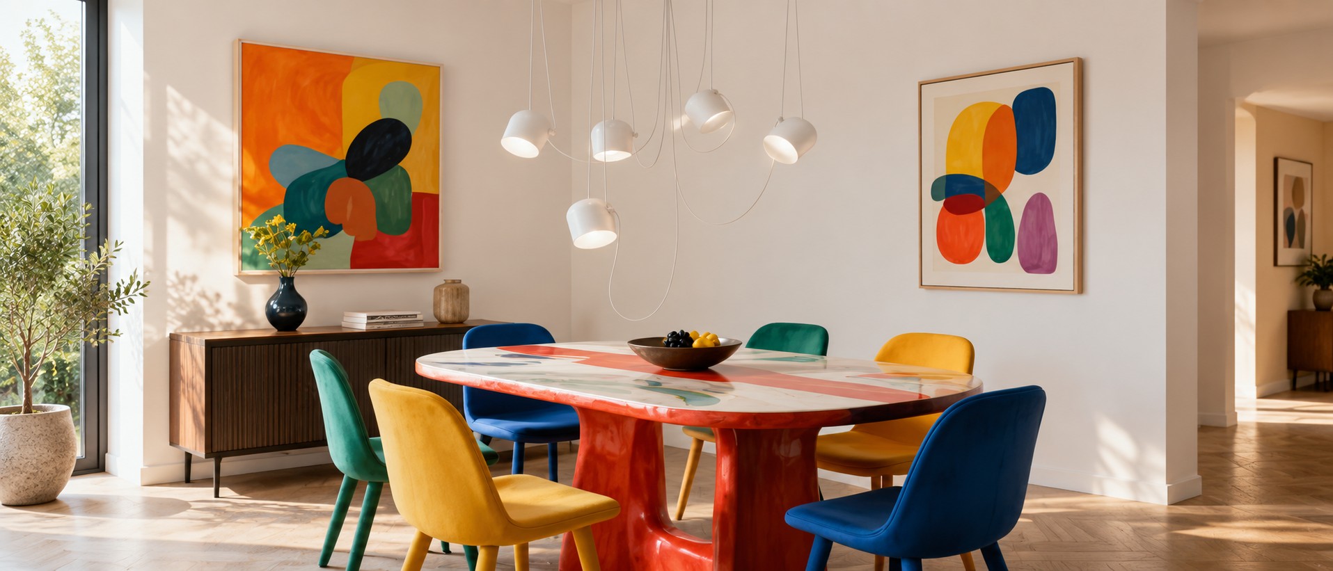 Axiomorna hanglamp met meerdere lichtkoppen in een kleurrijke eetkamer