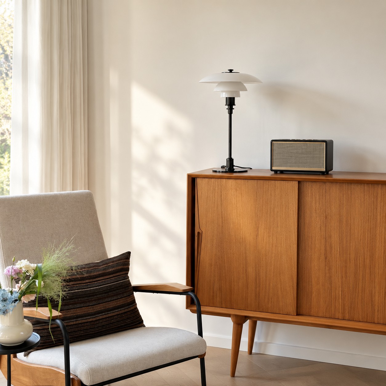 Opaalglazen tafellamp in een interieur