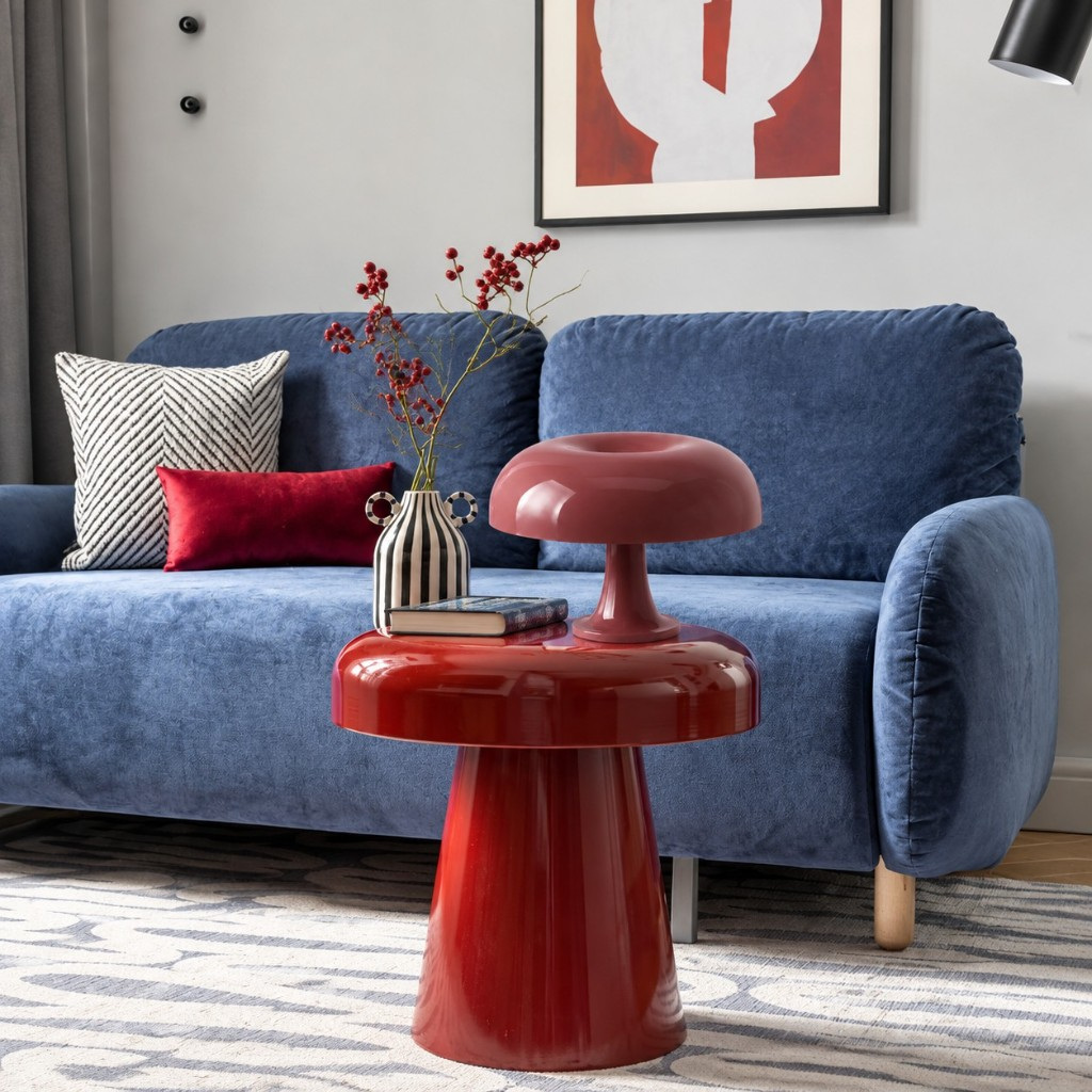Burgundy Nessino table lamp on a red mushroom table by a blue sofa