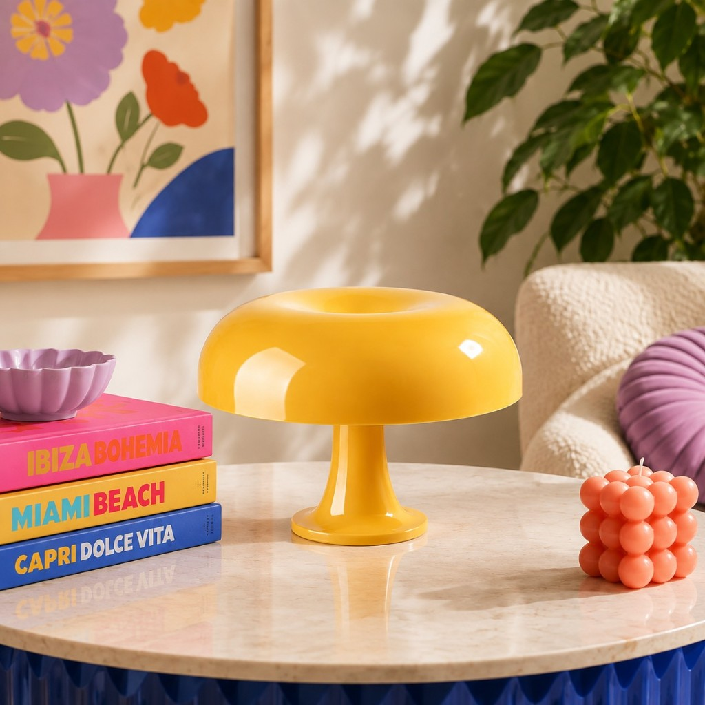 Yellow Nessino table lamp on a marble table with Ibiza, Miami and Capri books