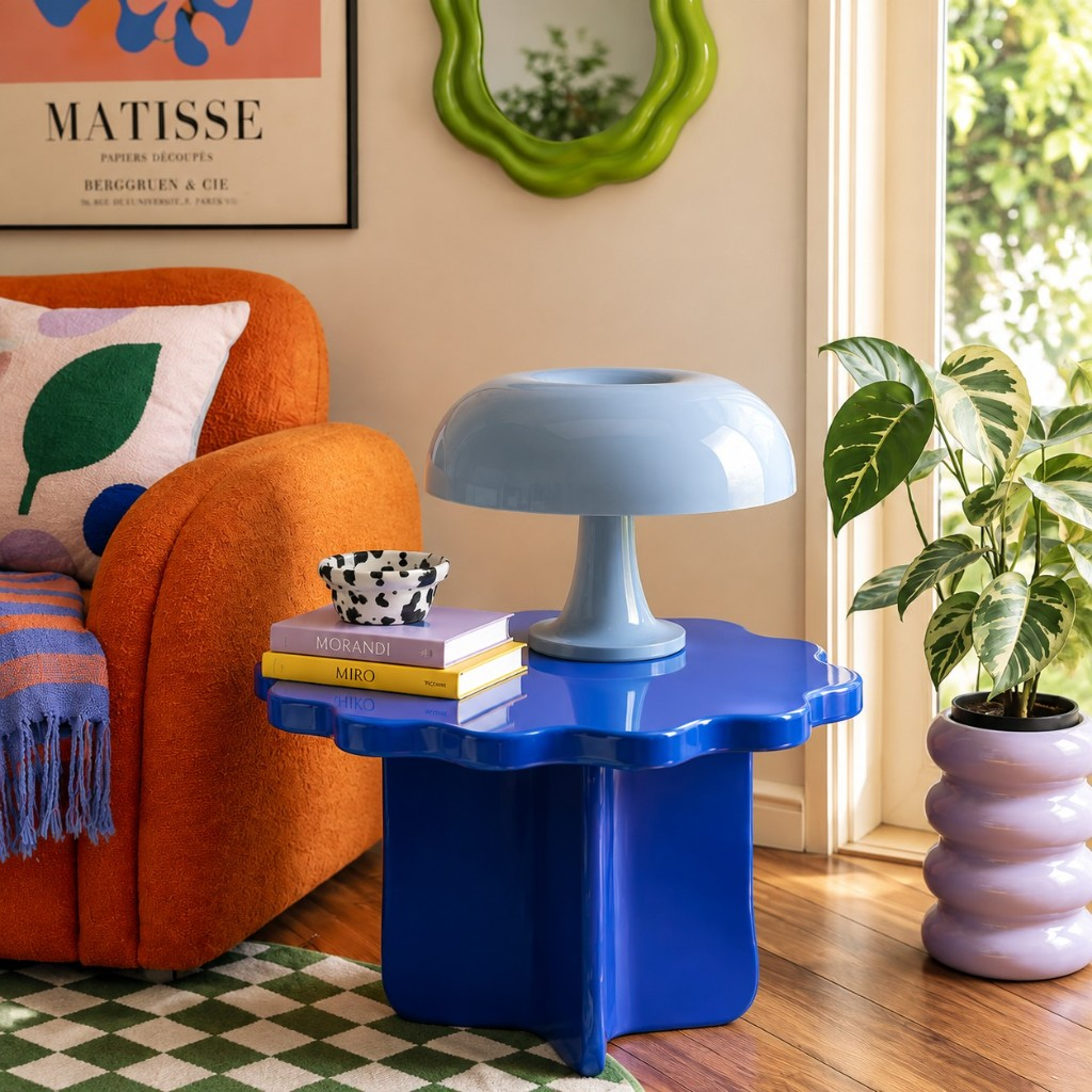 Sky blue Nessino table lamp on a blue scalloped table