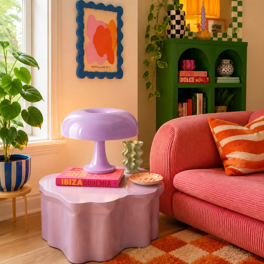 Lavender Nessino table lamp on a lilac table beside a pink sofa