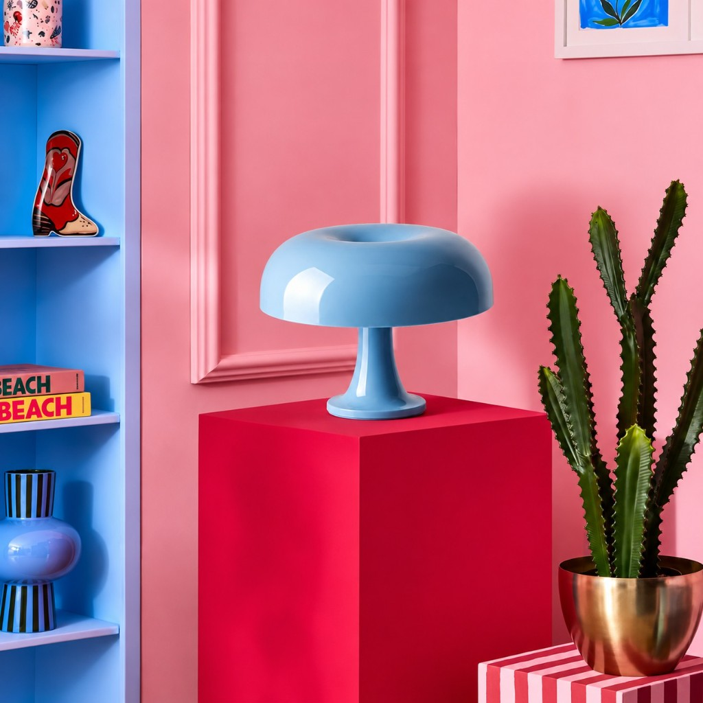Sky blue Nessino table lamp on a red cube against a pink wall