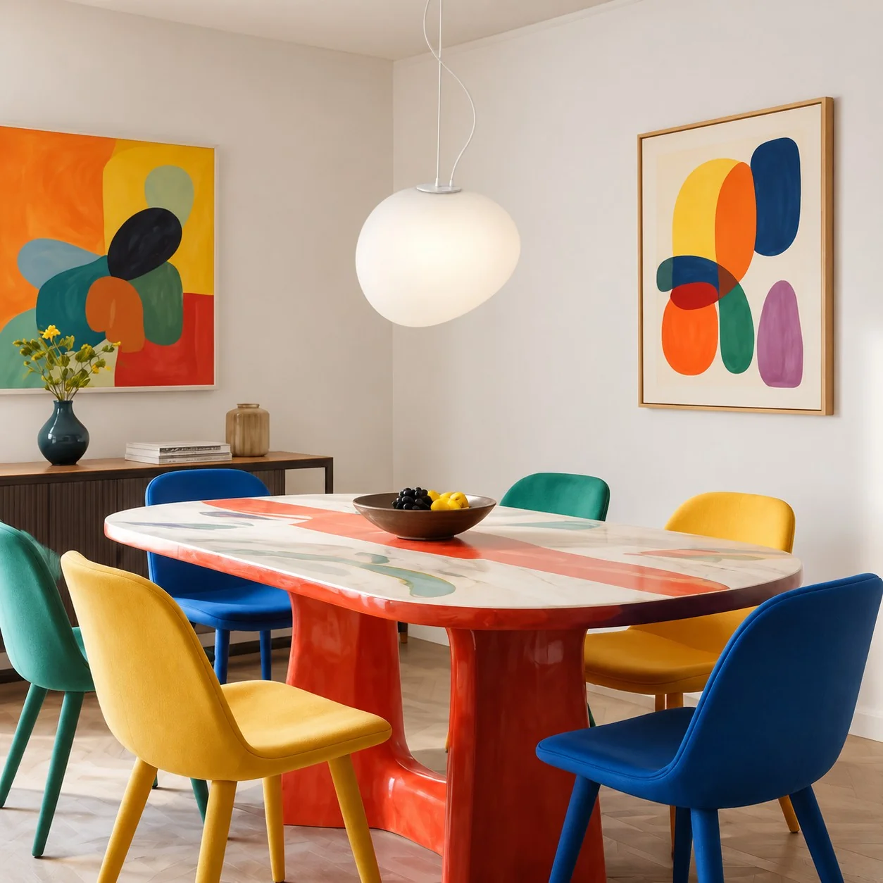 Lámpara colgante Stonea sobre una mesa de comedor