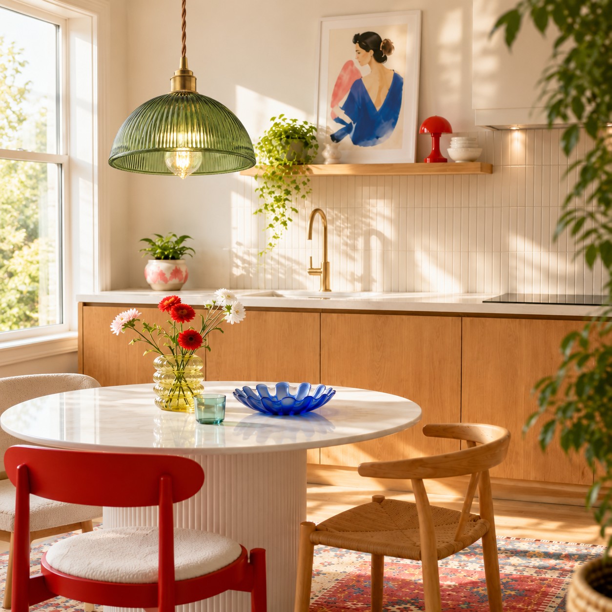 Green pendant light over a kitchen island