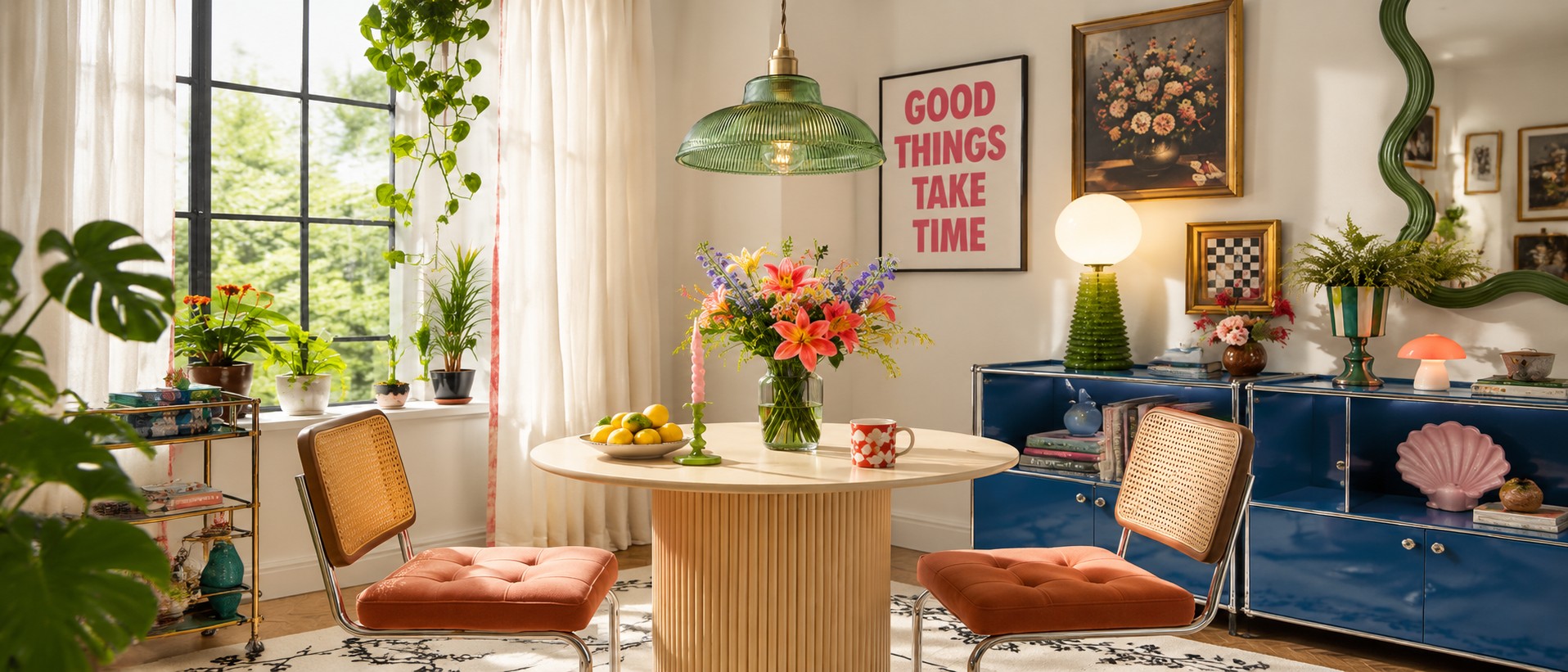 Green Nordic hat shape pendant light in a colorful dining room