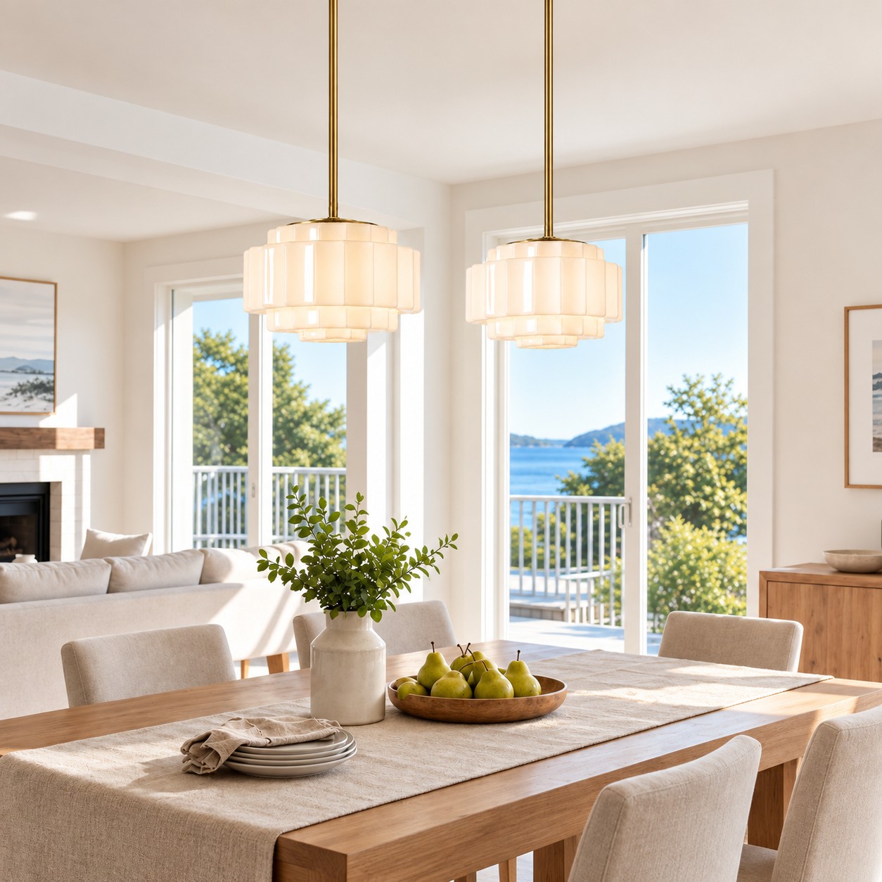 Opal glass pendants in a dining room with a water view
