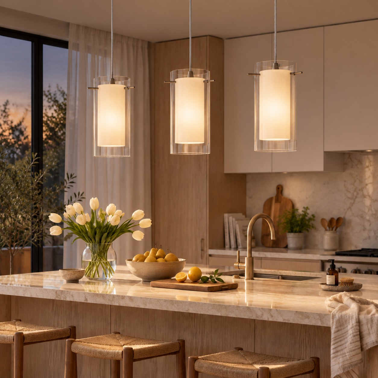 Double Glass Pendant Light with clear and white glass and one to three lights