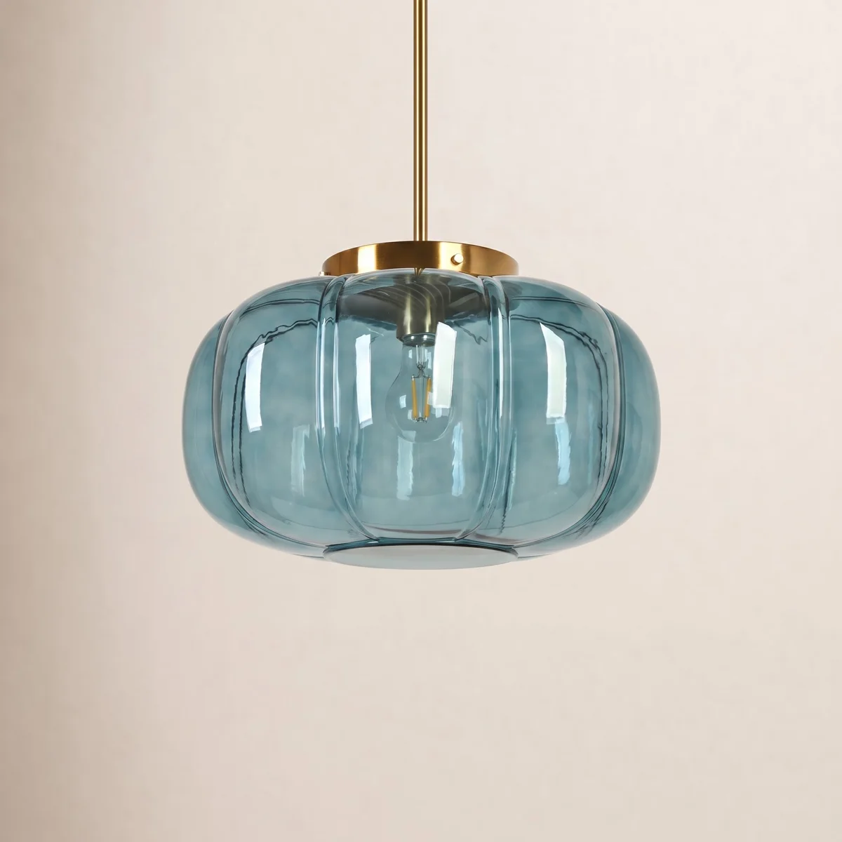 Ribbed Glass Dome Pendant with blue or clear glass and one light