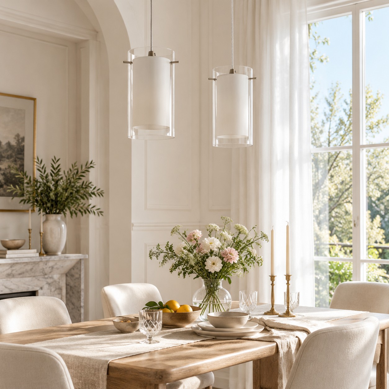 Double Glass Pendant Light with clear and white glass and one to three lights