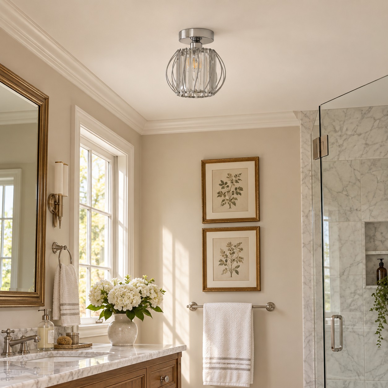 Geometric Crystal Ceiling Light with clear panels and three frame finishes