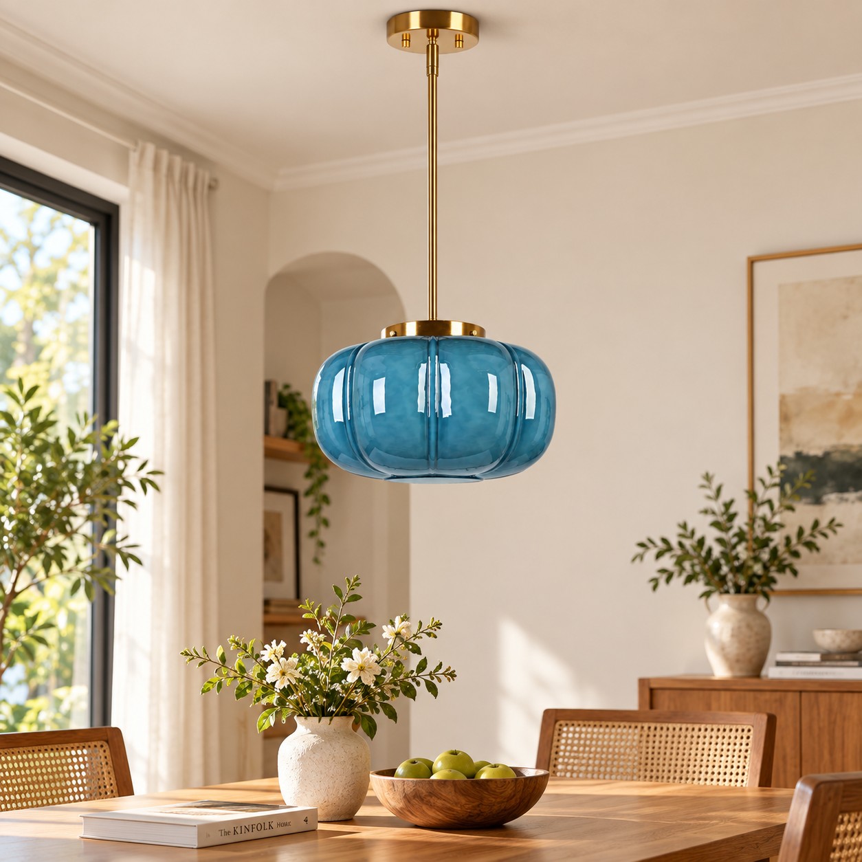 Ribbed Glass Dome Pendant with blue or clear glass and one light