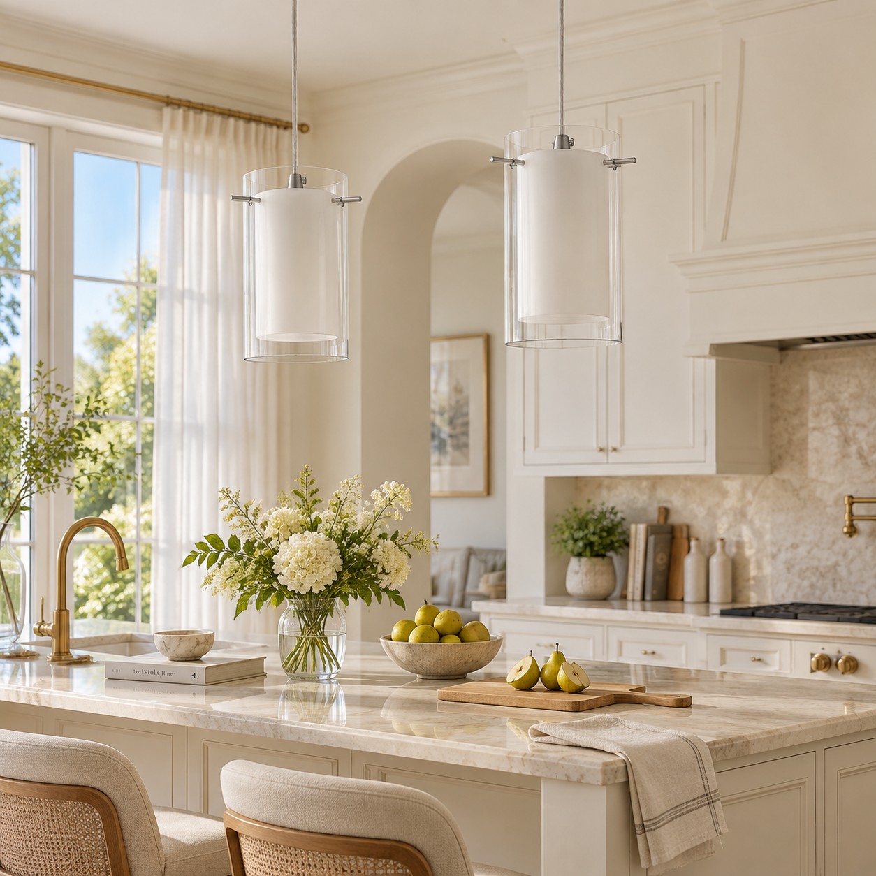 Double Glass Pendant Light with clear and white glass and one to three lights