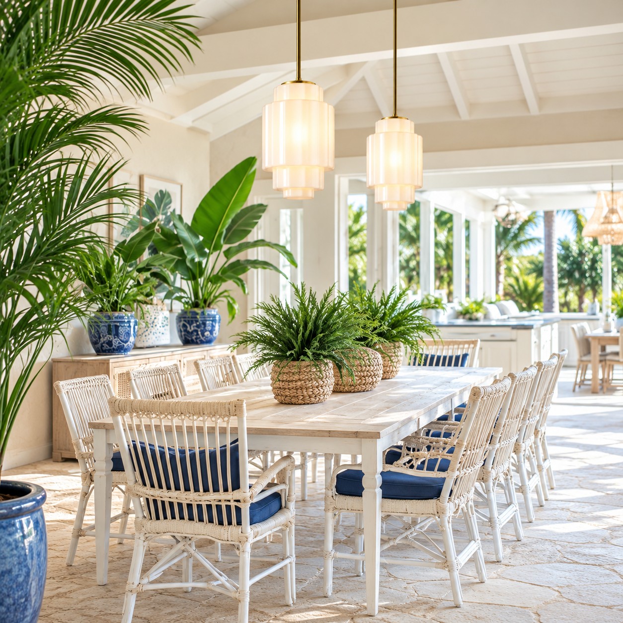 Opal glass pendants over a dining table with plants