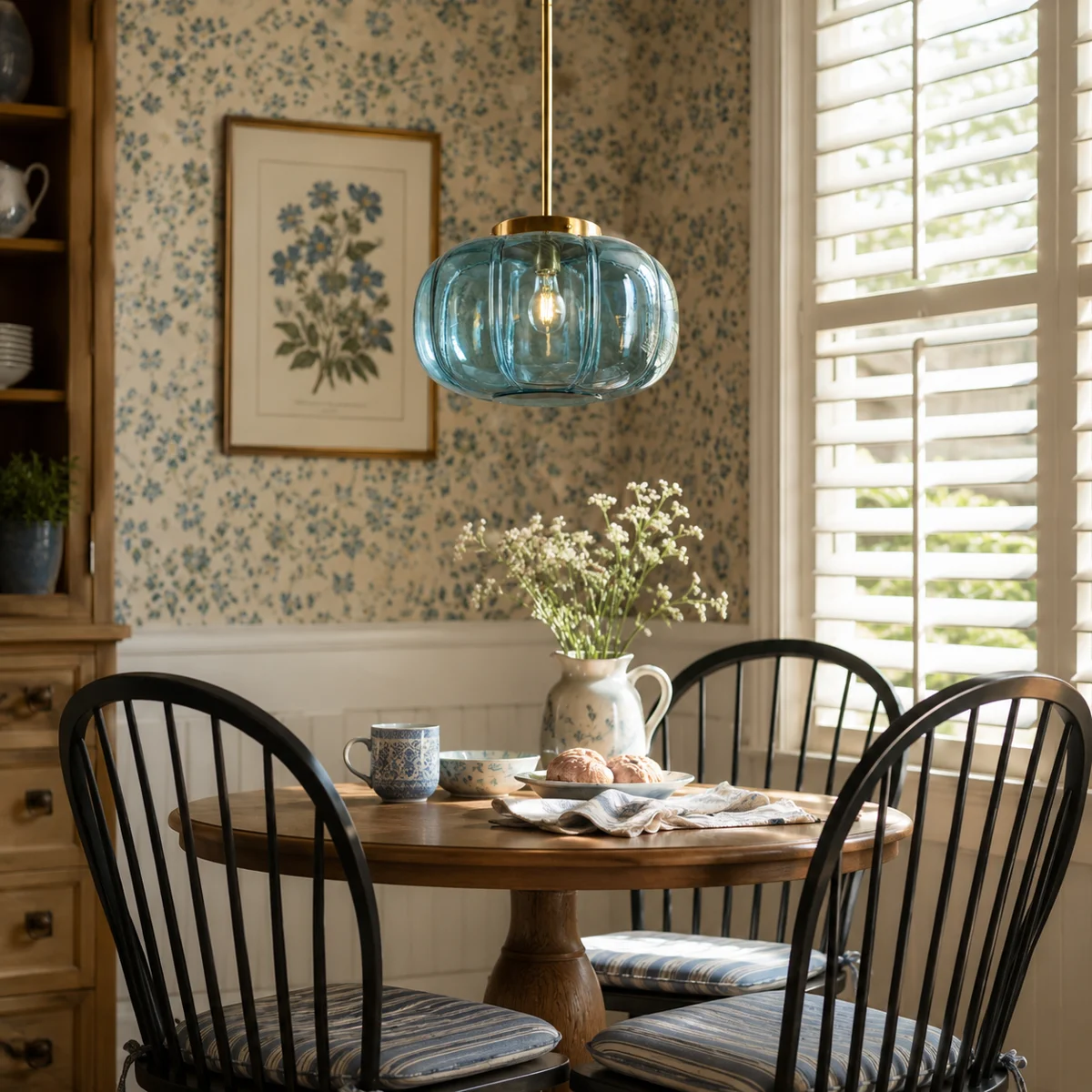 Ribbed Glass Dome Pendant with blue or clear glass and one light