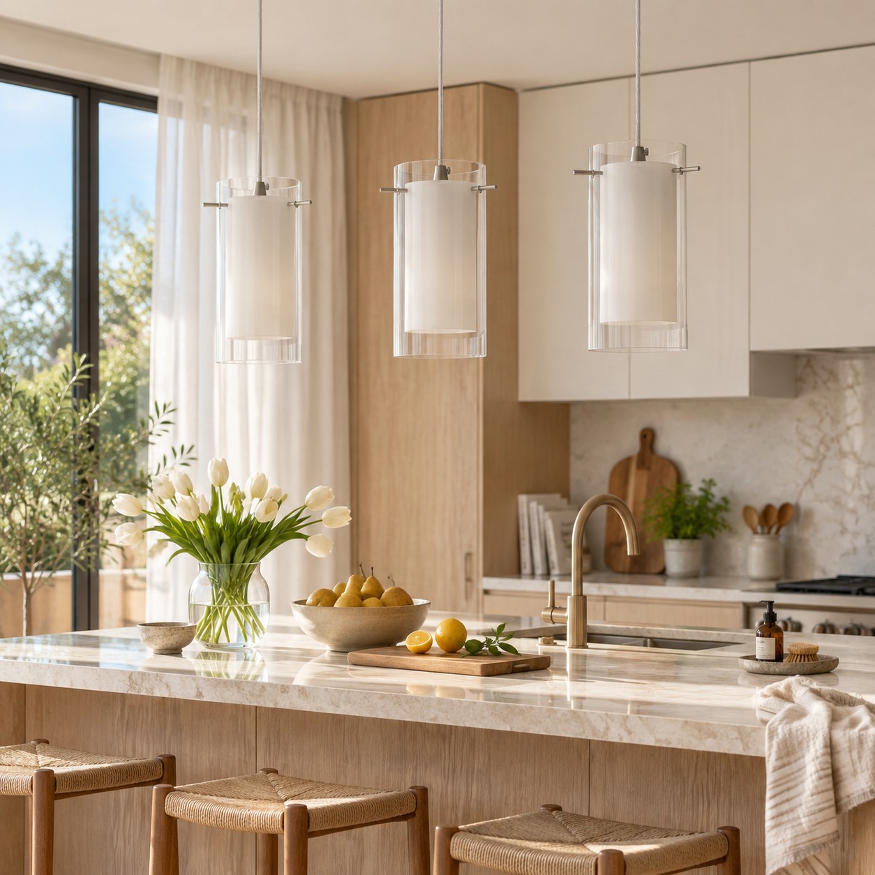 Double Glass Pendant Light with clear and white glass and one to three lights