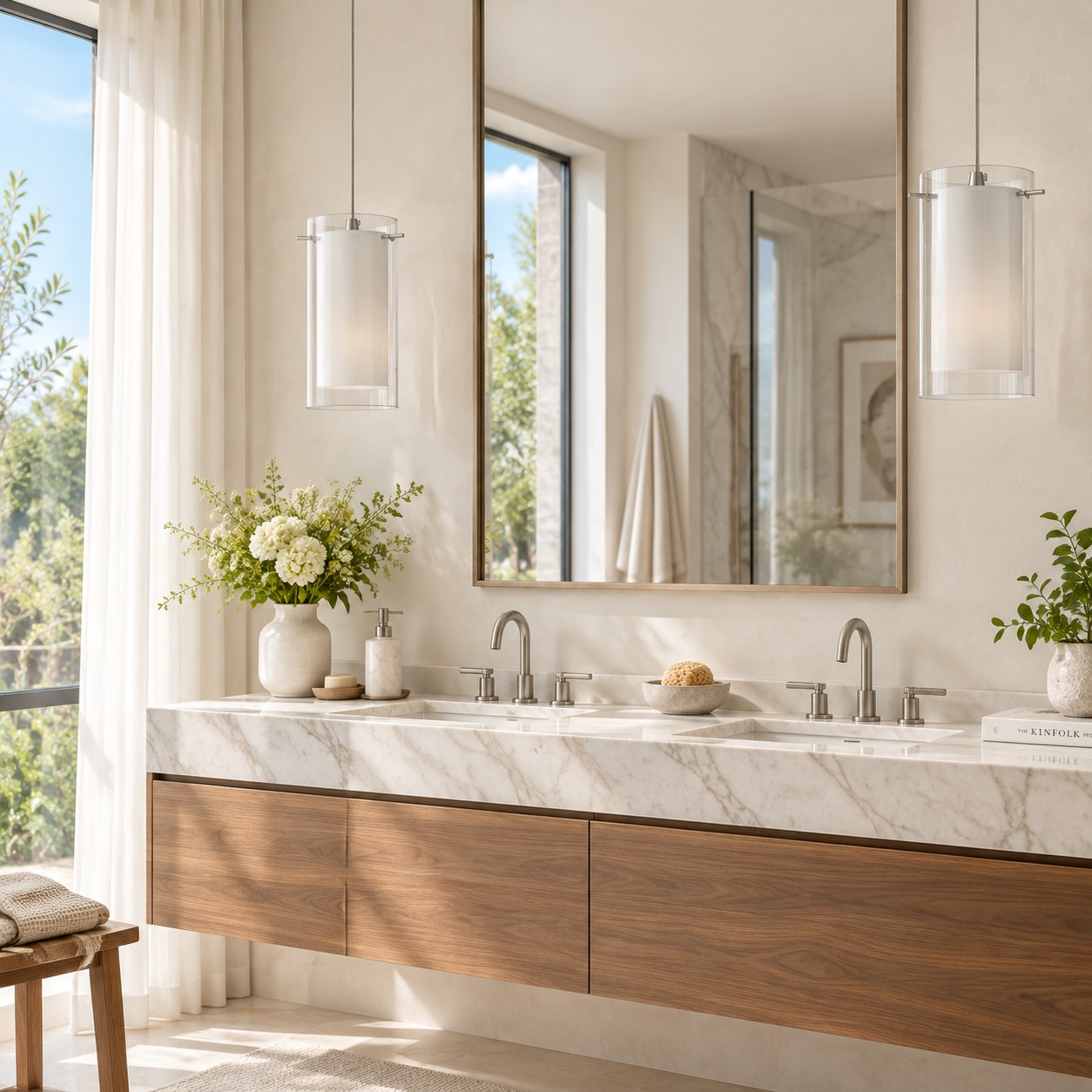 Double Glass Pendant Light with clear and white glass and one to three lights
