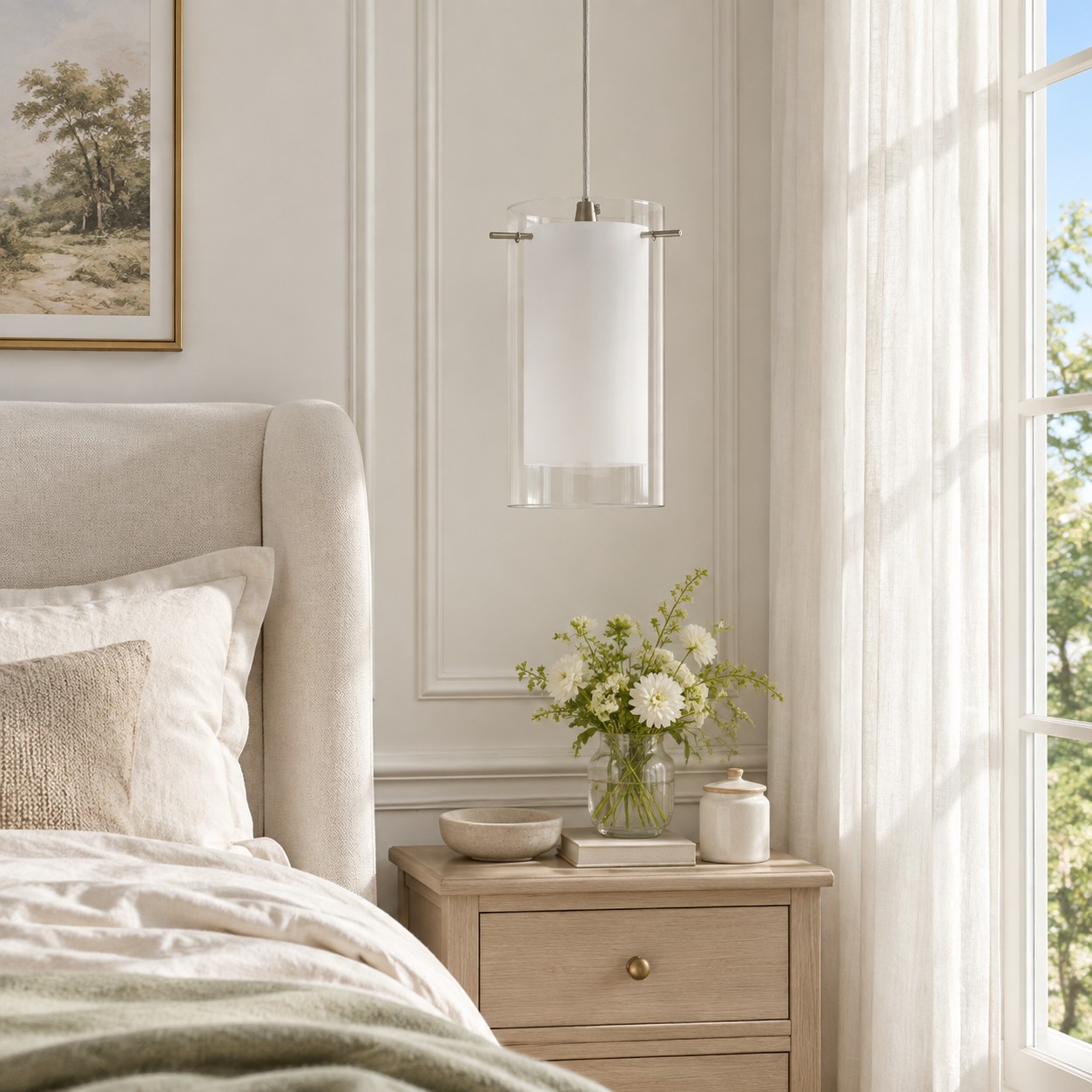 Double Glass Pendant Light with clear and white glass and one to three lights