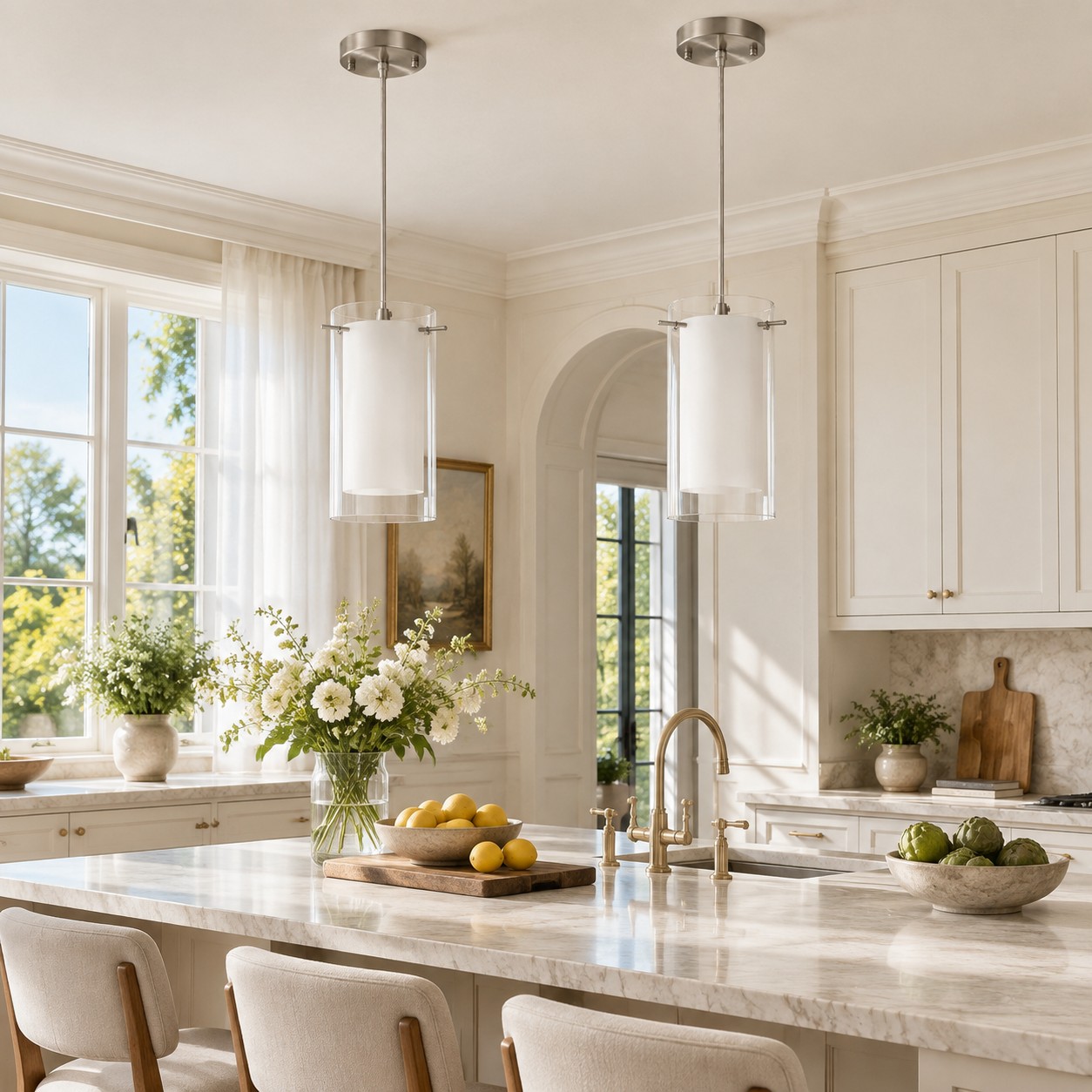 Double Glass Pendant Light with clear and white glass and one to three lights