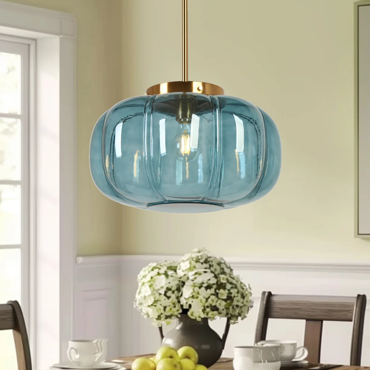 Ribbed Glass Dome Pendant with blue or clear glass and one light