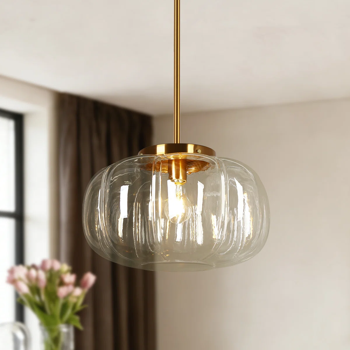 Ribbed Glass Dome Pendant with blue or clear glass and one light