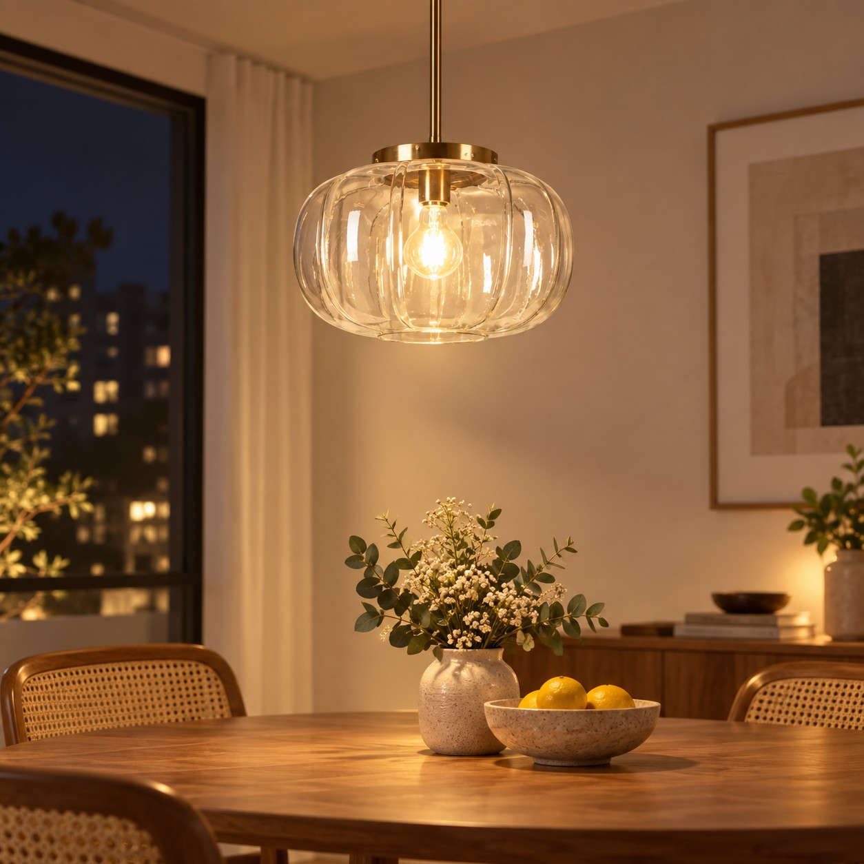 Ribbed Glass Dome Pendant with blue or clear glass and one light