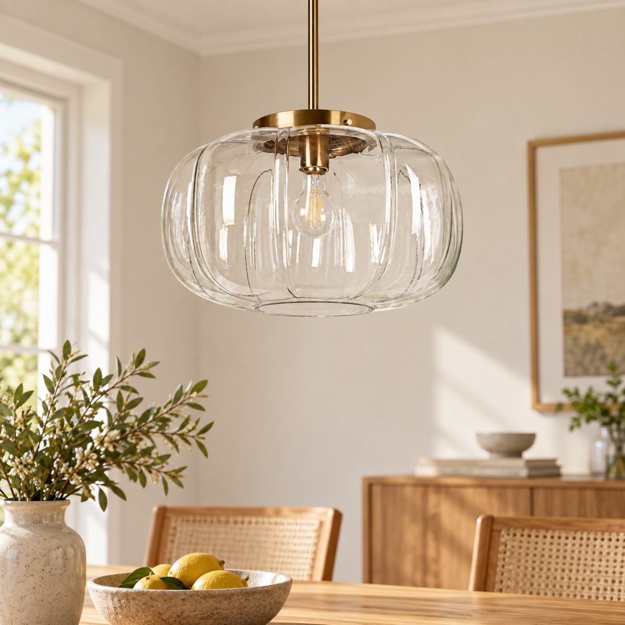 Ribbed Glass Dome Pendant with blue or clear glass and one light