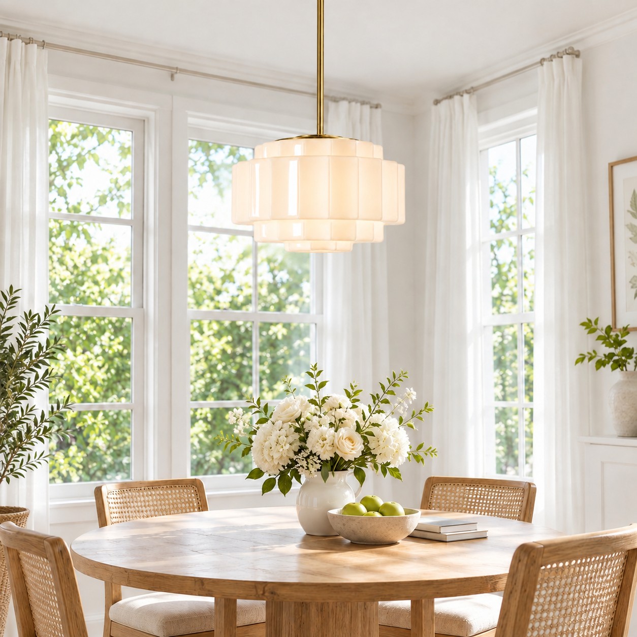 Opal glass pendant over a round dining table