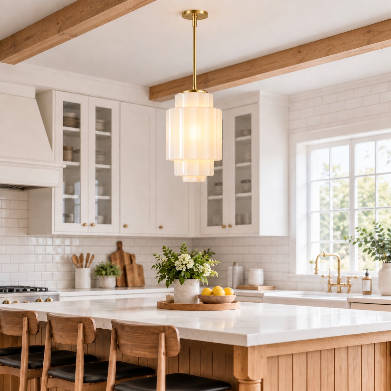 Tall opal glass pendant over a kitchen island
