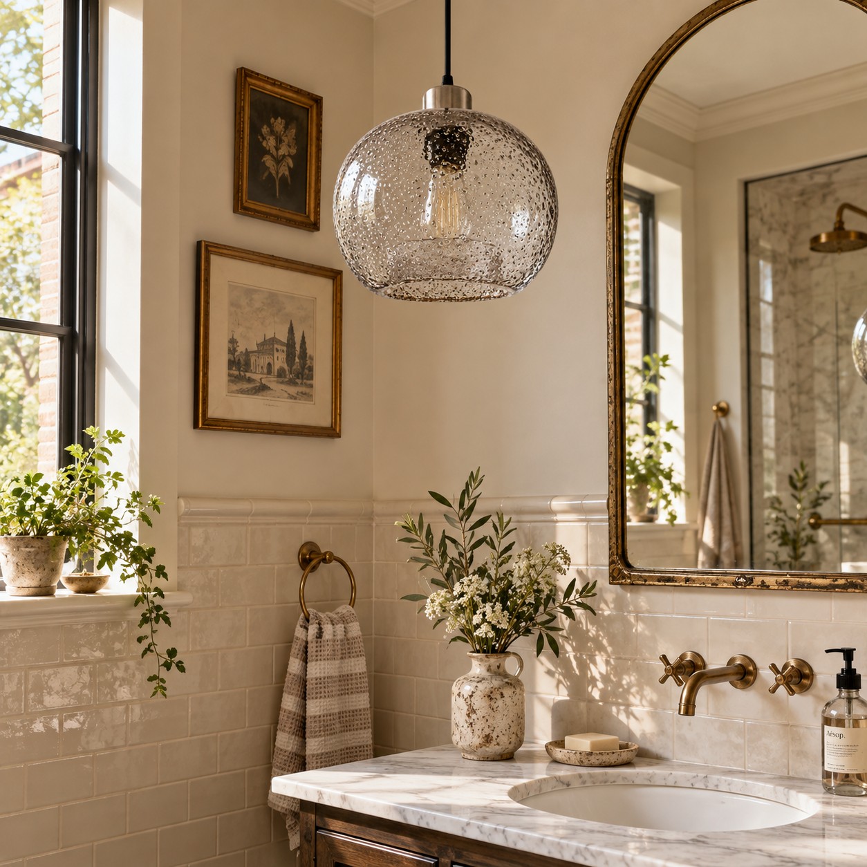Textured Glass Globe Pendant with marble glass options and chrome or gold