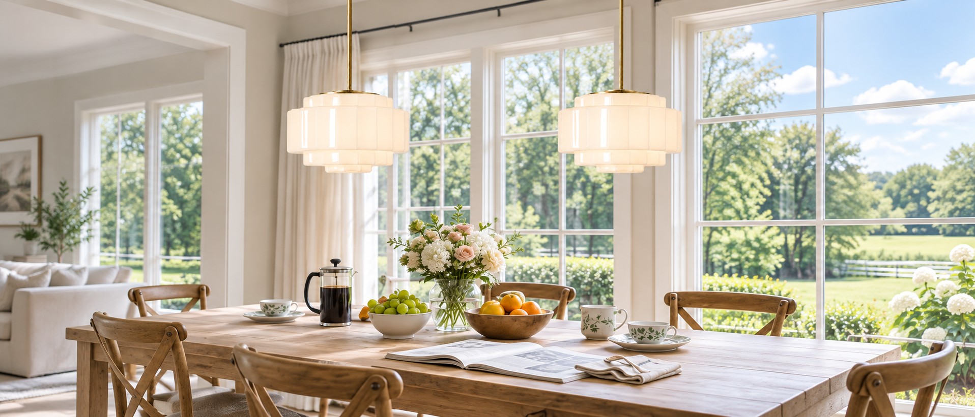 Pair of opal glass pendants over a dining table