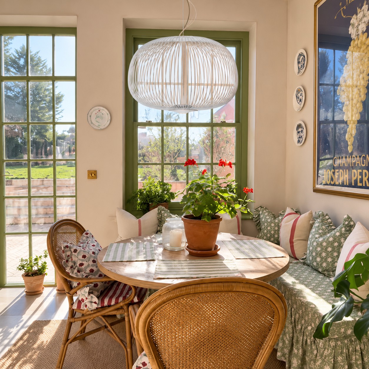 White wide wire cage pendant in a dining nook